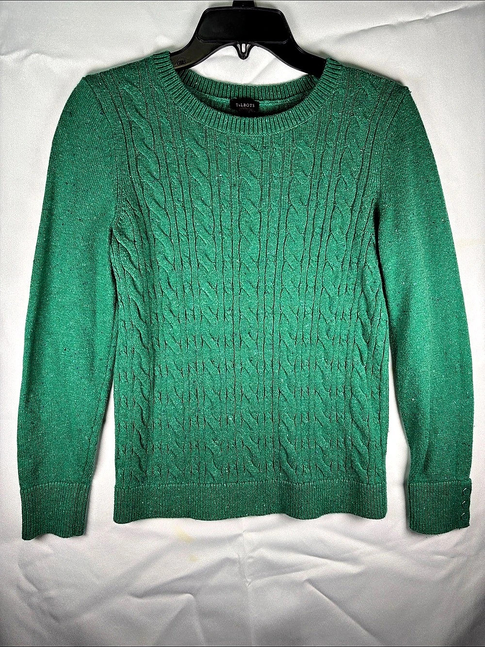 Talbots Button Cuff Cable Knit speckled Tweed Sweater Green Medium